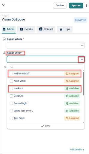 Assign Driver frop-down list